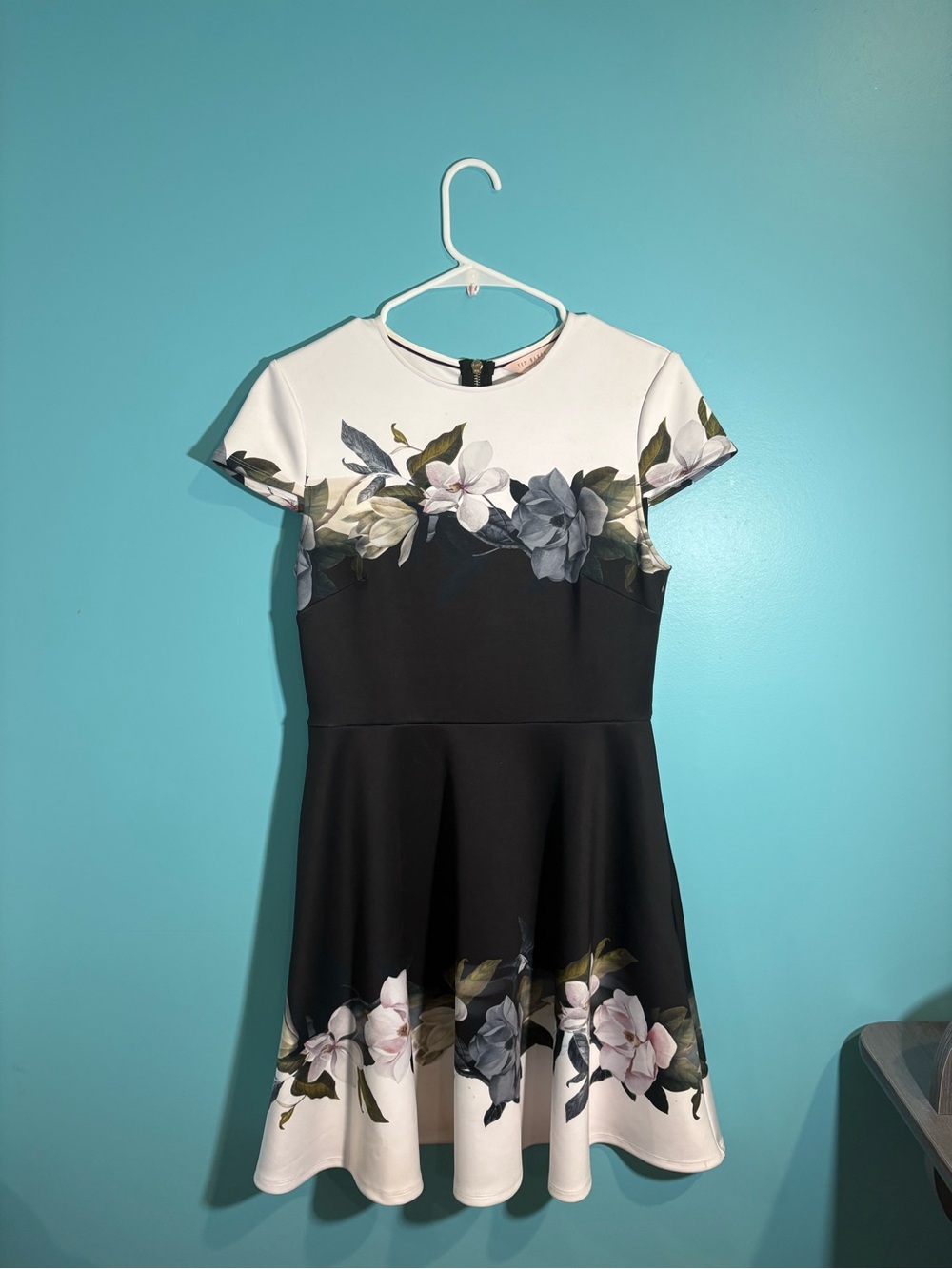 Ted Baker London Black and White Floral Fit-and-Flare Dress
